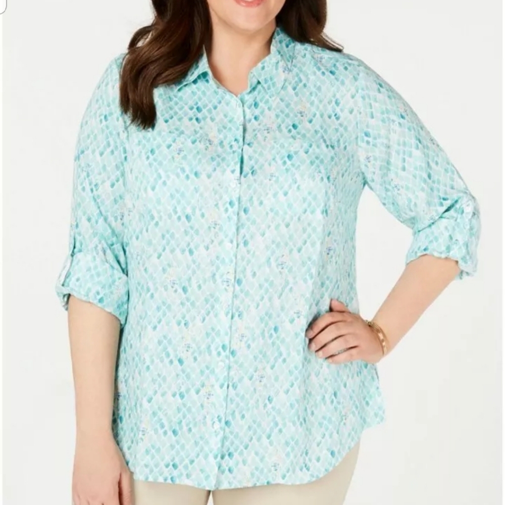 Charter Club Womens L 100% Linen Button Front Pastel Sea Horse Shirt Aqua
